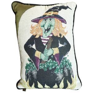 Vintage 90s Ugly Green Witch Tapestry Pillow Rectangle Throw Accent Retro Gothic